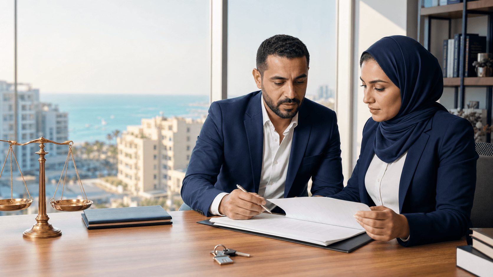 محامٍ ووسيط عقاري يراجعان مستندات قيد السماسرة وصفقة عقارية في الغردقة